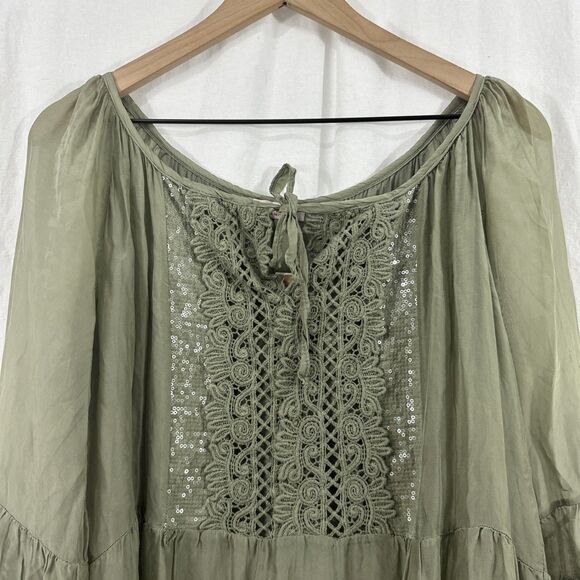 Scandal Italy Juliet Green Silk Blend Crochet Lace Flowy Tie Neck Top Womens O/S - Picture 4 of 13